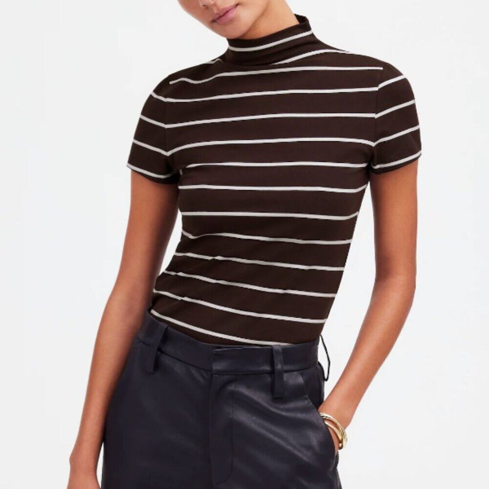 Madewell Top Womens Short-Sleeve Mockneck‎ Tee Stripe Brown Slim Fit XXS NEW